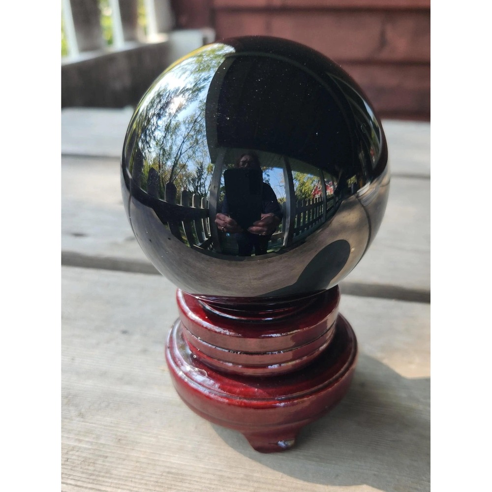 Large Obsidian Sphere with Wood Stand, Black Volcanic Glass Orb